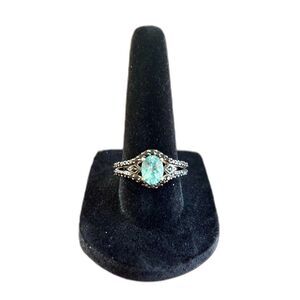 Sterling Silver Blue Topaz Style Ring Marcasite Accents VNT Art Deco Look Size 8